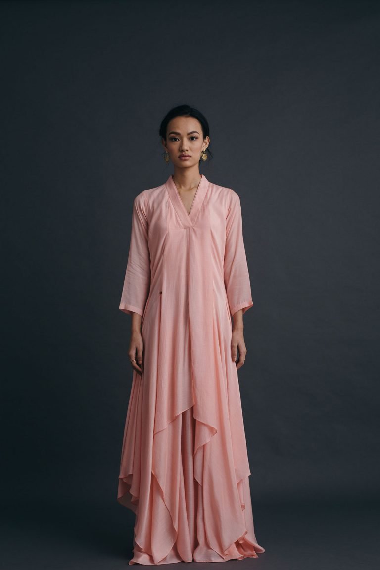Blush Pink Abstract Cut Muslin Dress with Scarf