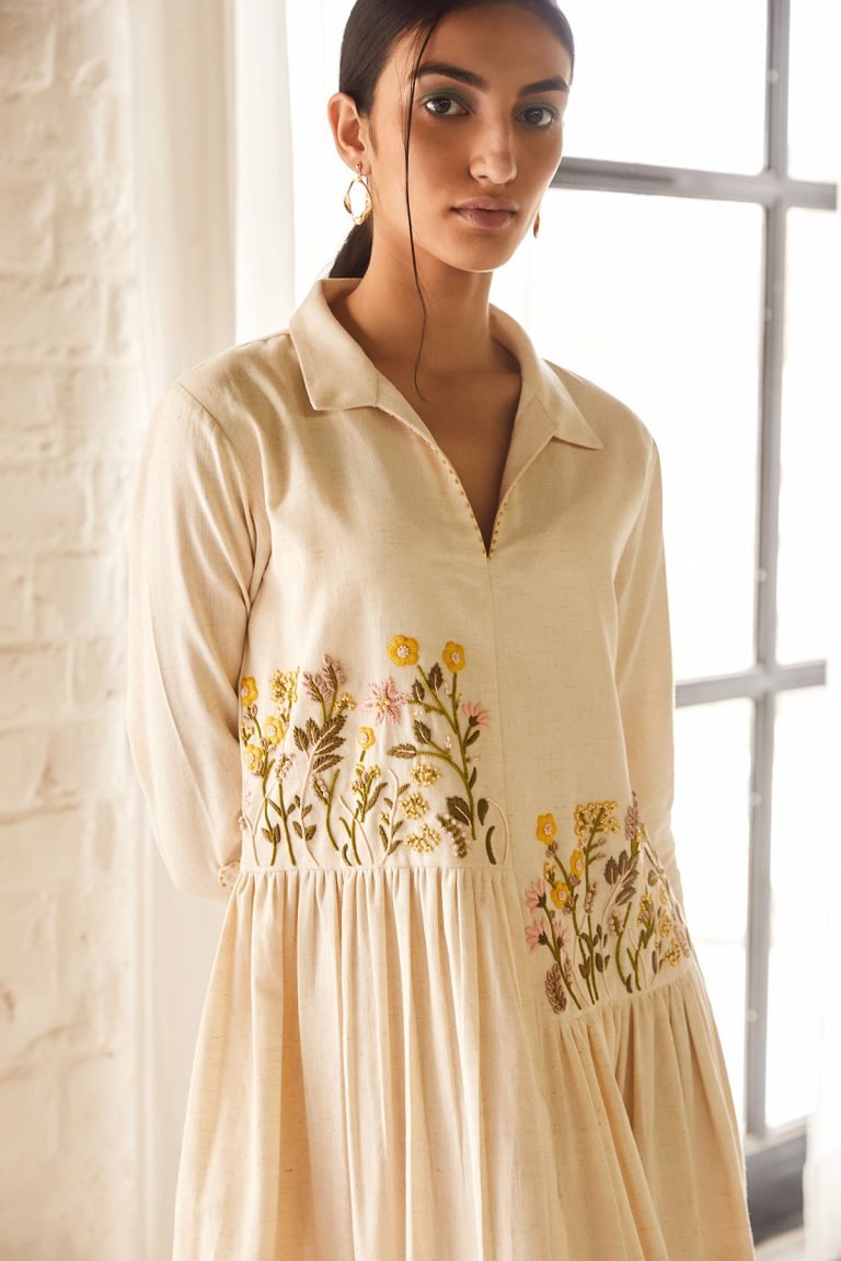 Collared Cream Embroidered Dress