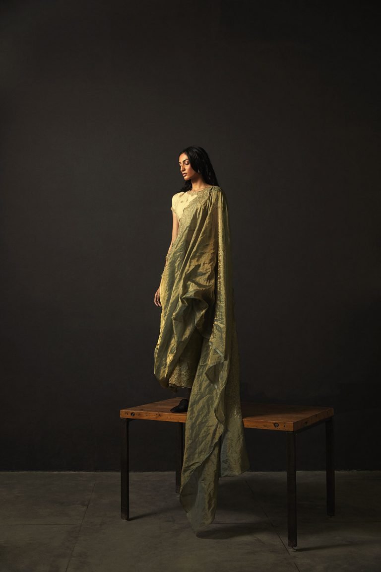 Green Tissue Silk Embroidered Saree