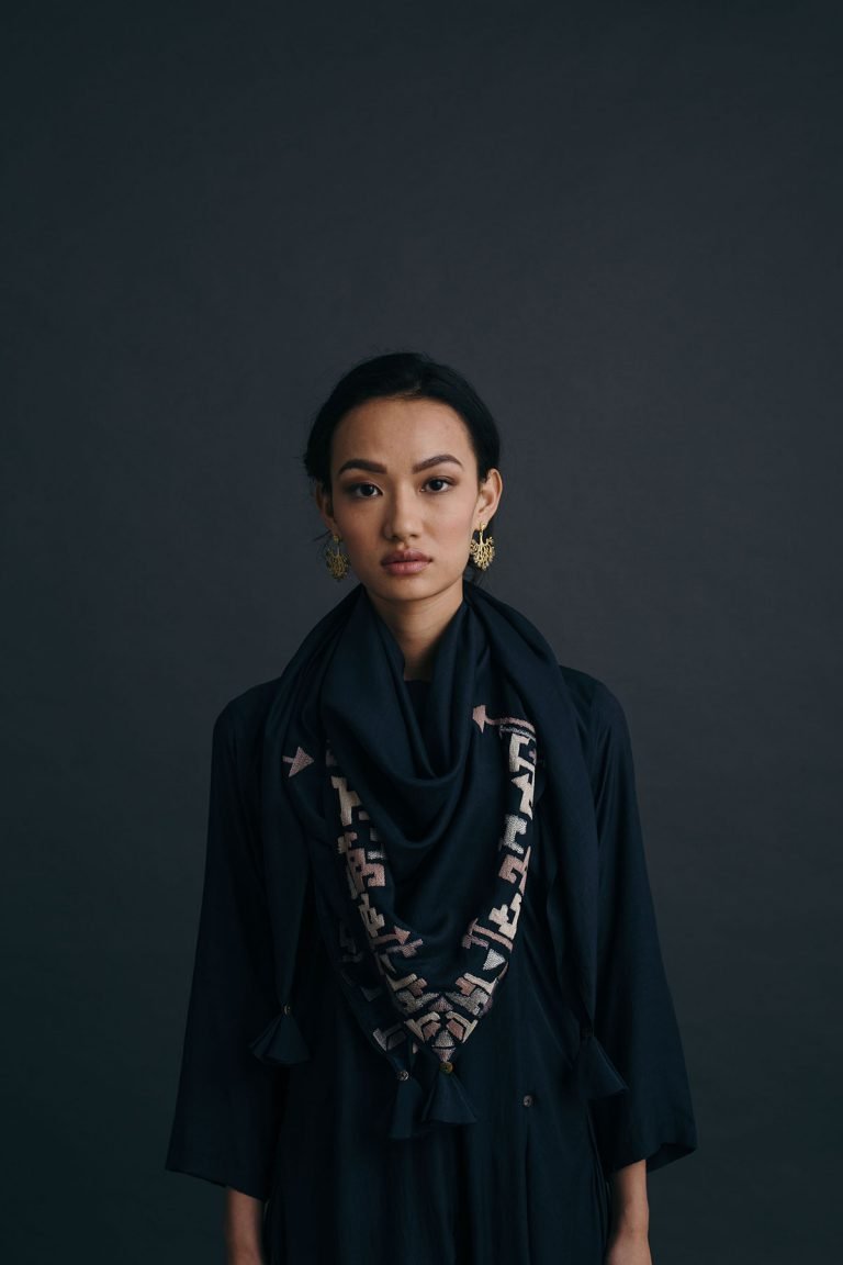 Navy Abstract Cut Muslin Dress with Scarf