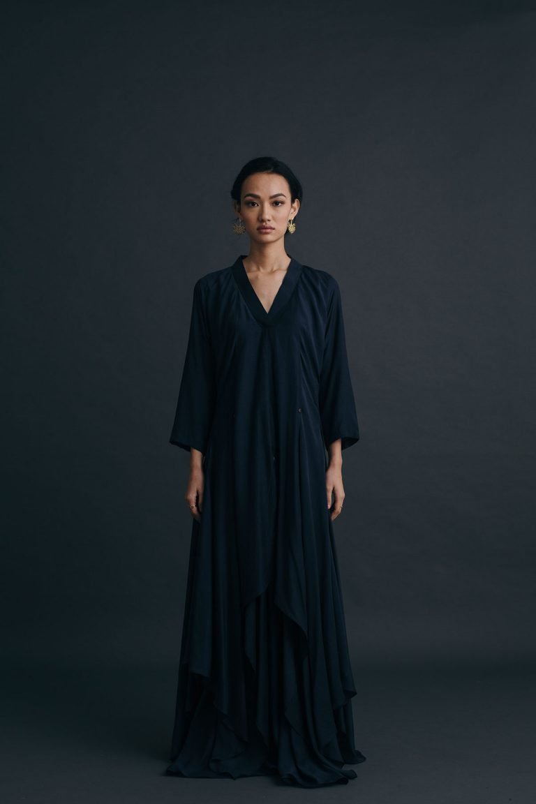 Navy Abstract Cut Muslin Dress with Scarf