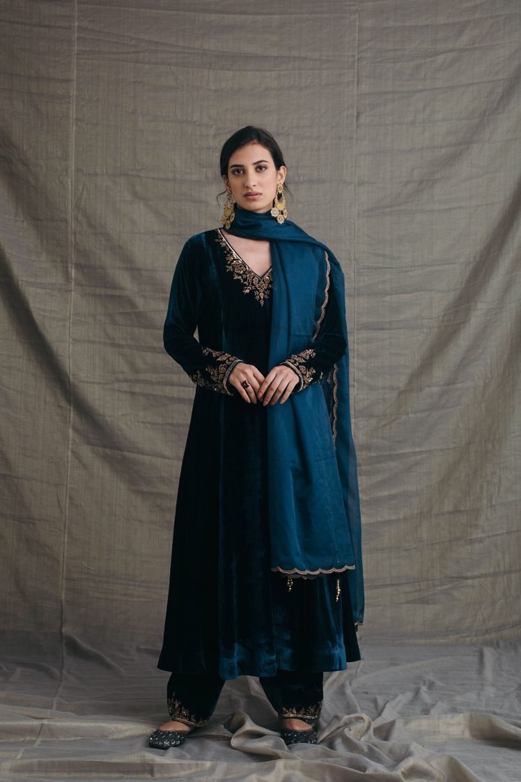 Peacock Blue Silk Velvet Kurta and Salwar Set