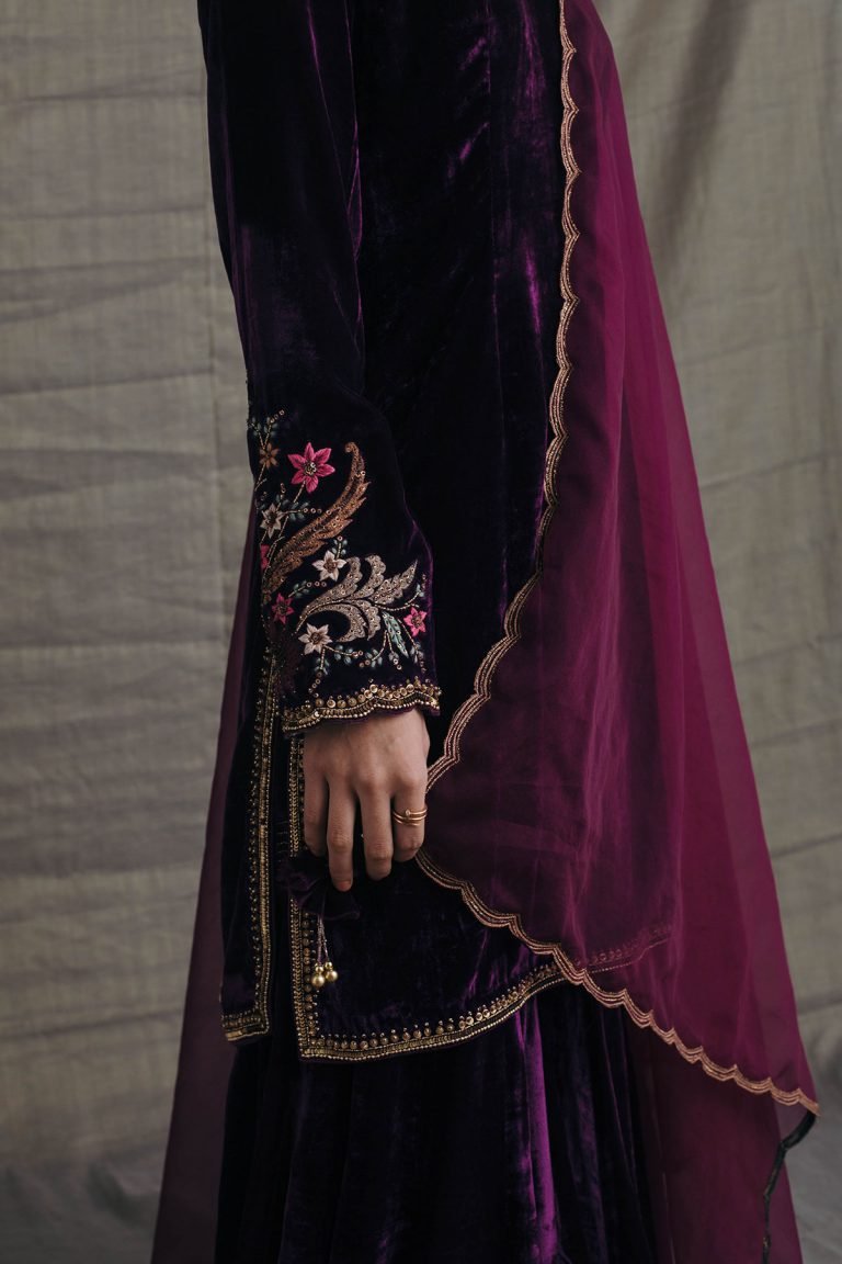 Purple Silk Velvet Kurta and Gharara Set