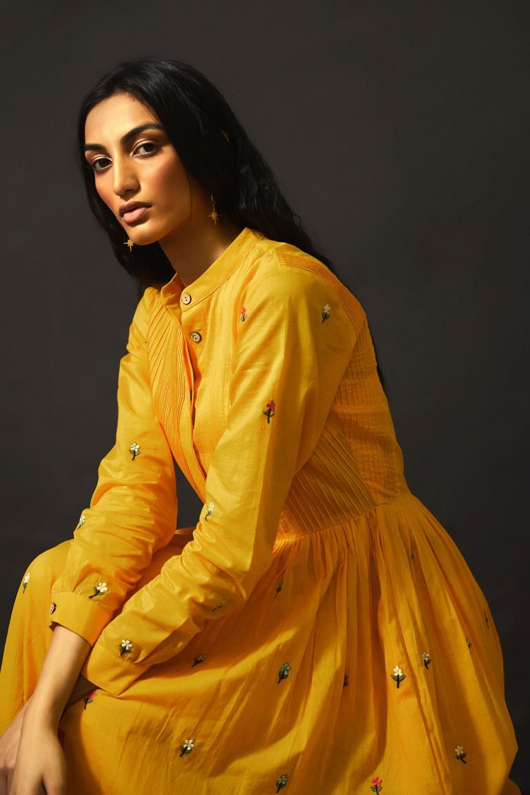 Summery Yellow Embroidered Cotton Dress Set