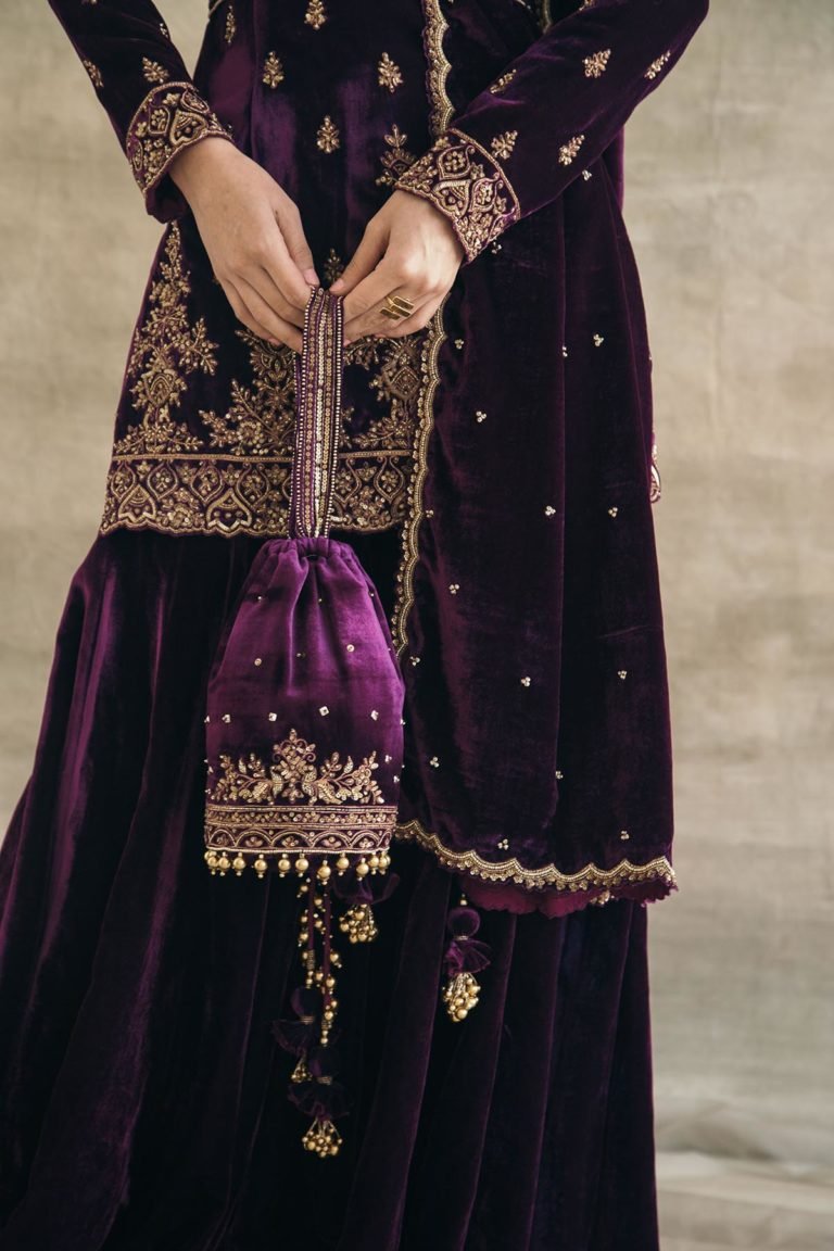 Plum Silk Velvet Fitted Gharara Set