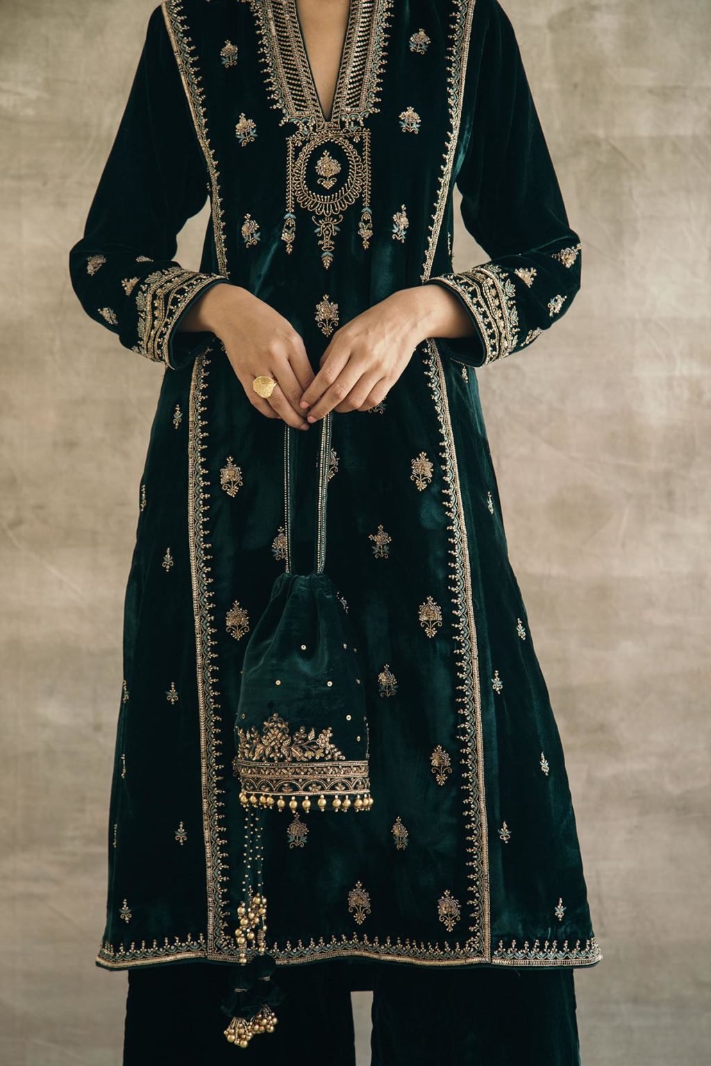 Silk Velvet Embroidered Mughal Kurta Set - Sureena Chowdhri