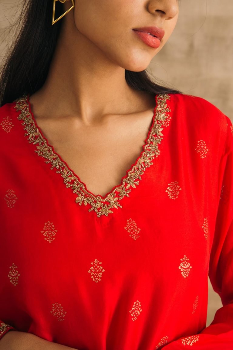Red Silk Asymmetrical Kurta Set