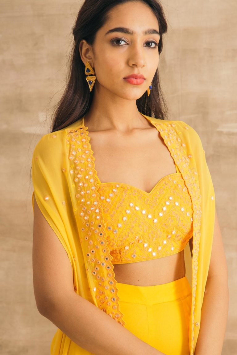 Yellow Georgette Embroidered Cape Set