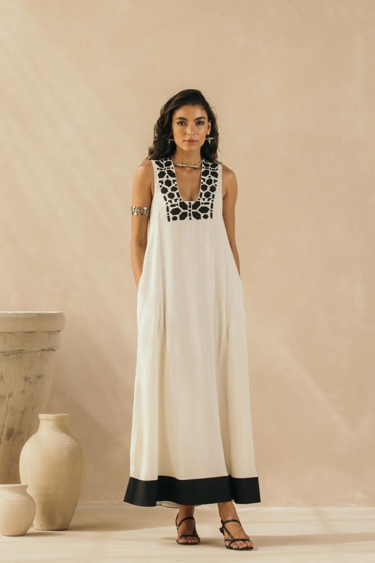 Ivory Abstract Appliqued Sleeveless Dress