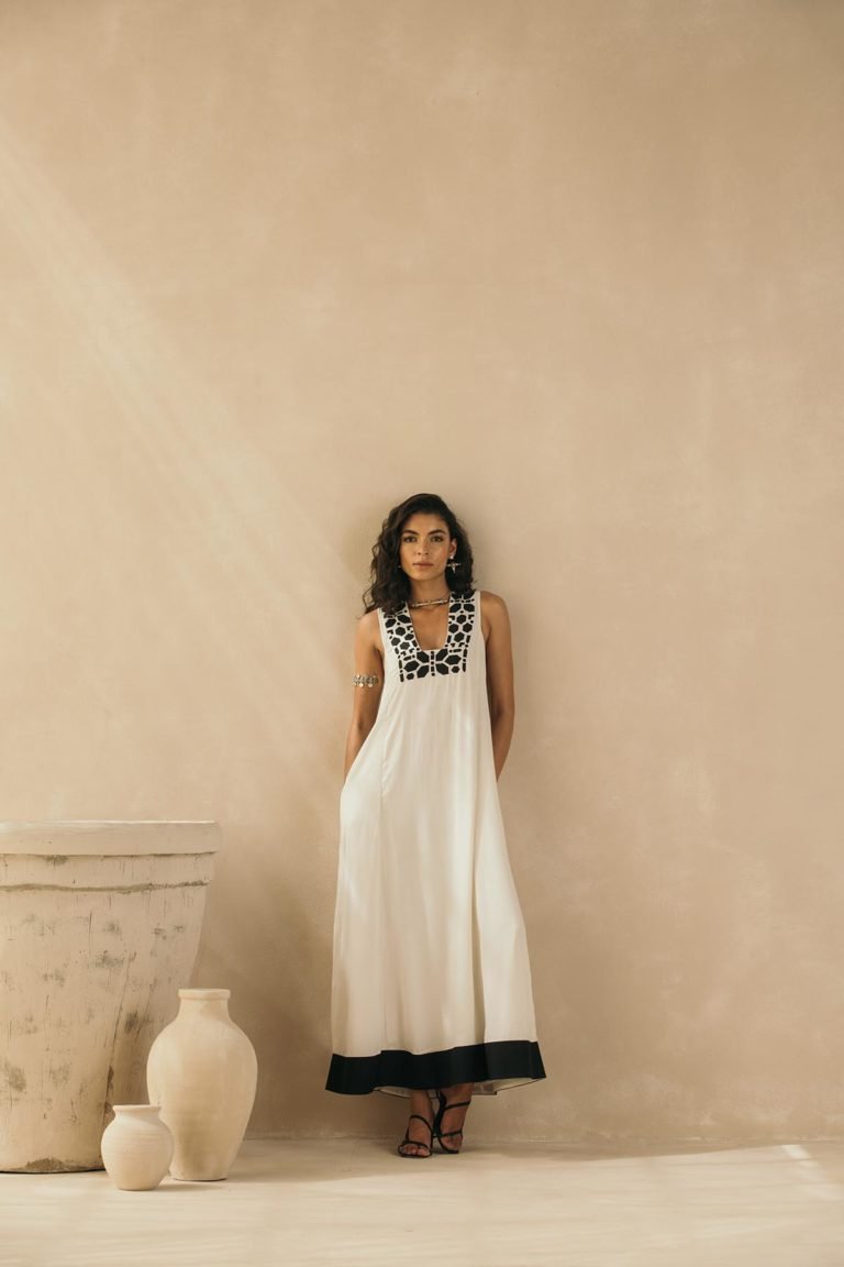 Ivory Abstract Appliqued Sleeveless Dress