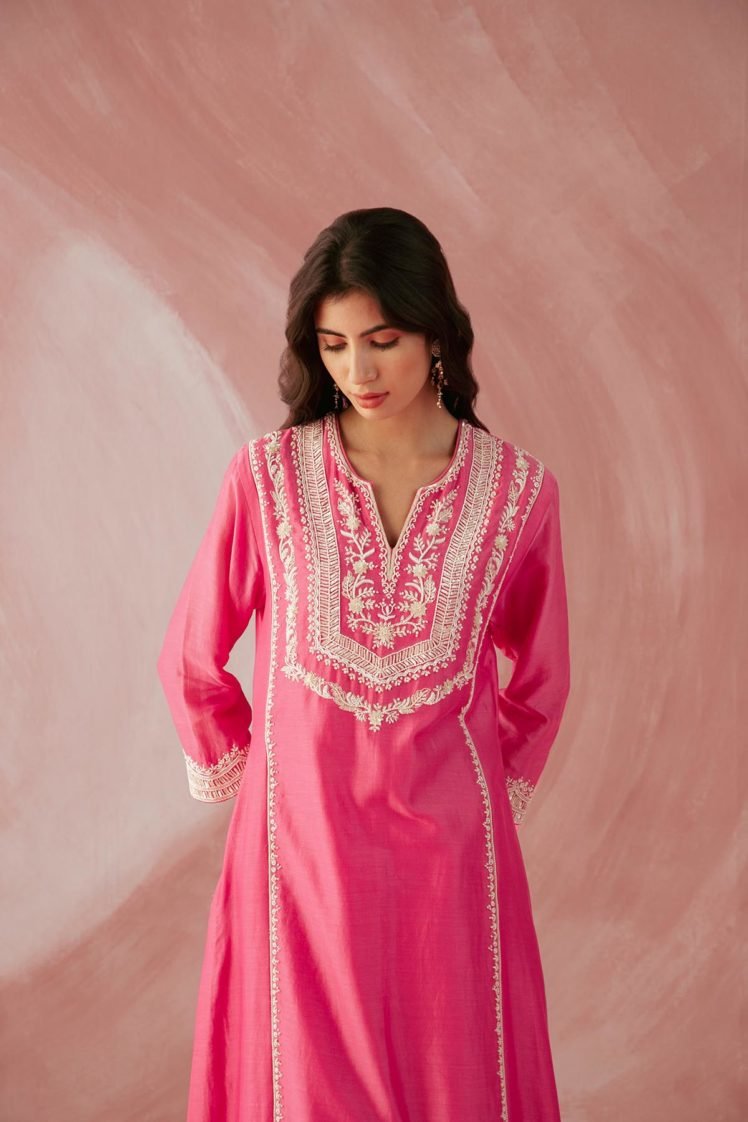 Fuschia Pink Pearl Embroidered Yoke Kurta Set - Sureena Chowdhri
