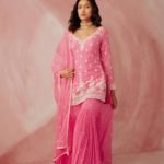 Fuschia Pink Pearl Long Sleeve Gharara Set (With Dupatta) - RTS