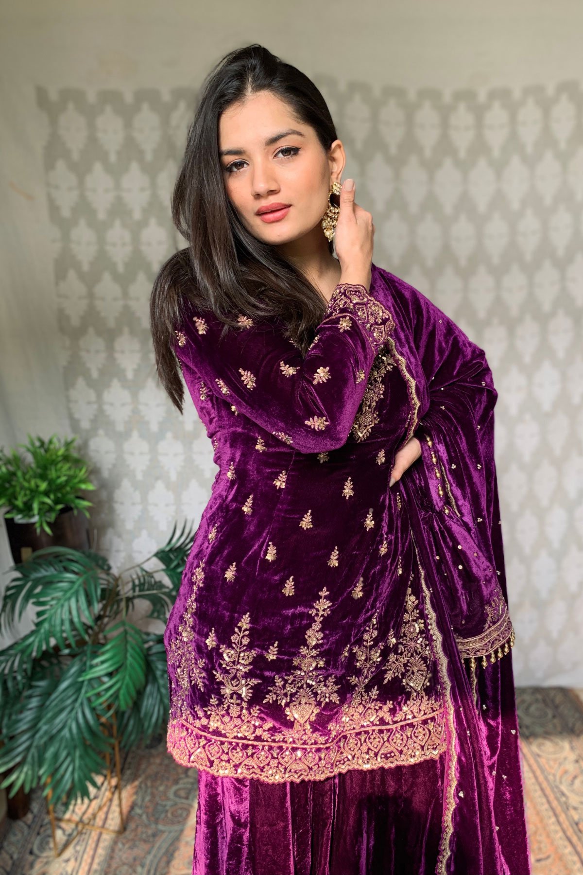 Buy Purple Zari Embroidered Viscose Velvet Sharara Suit with Yellow Ombre  Dyed Chanderi Dupatta - Set of 3 | MAKL19/TYG9 | The loom