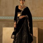 Black Silk Velvet Scalloped Drape Sharara Set - RTS