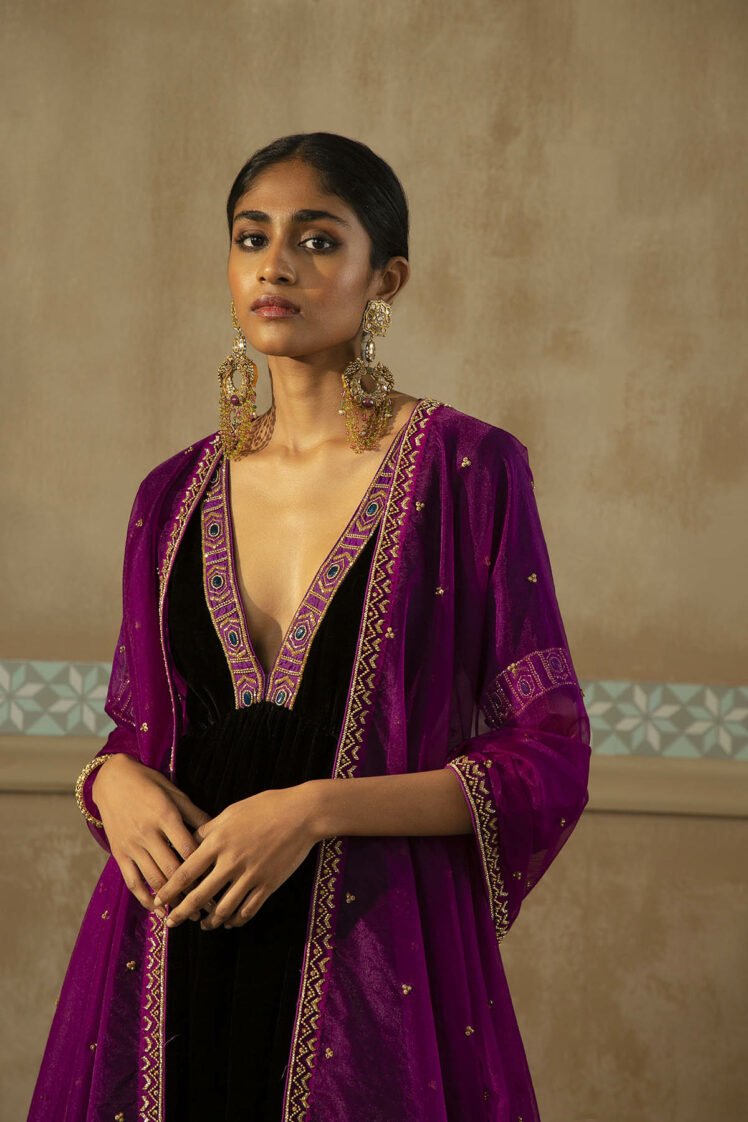 Black Contrast Patch Silk Velvet Gharara Set - Sureena Chowdhri