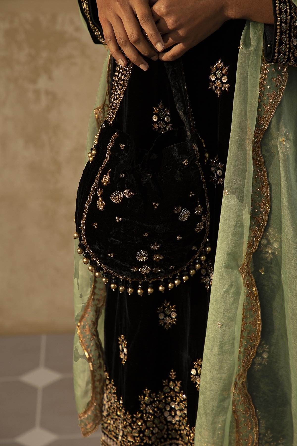 Black Contrast Motif Silk Velvet Kurta Set - Sureena Chowdhri