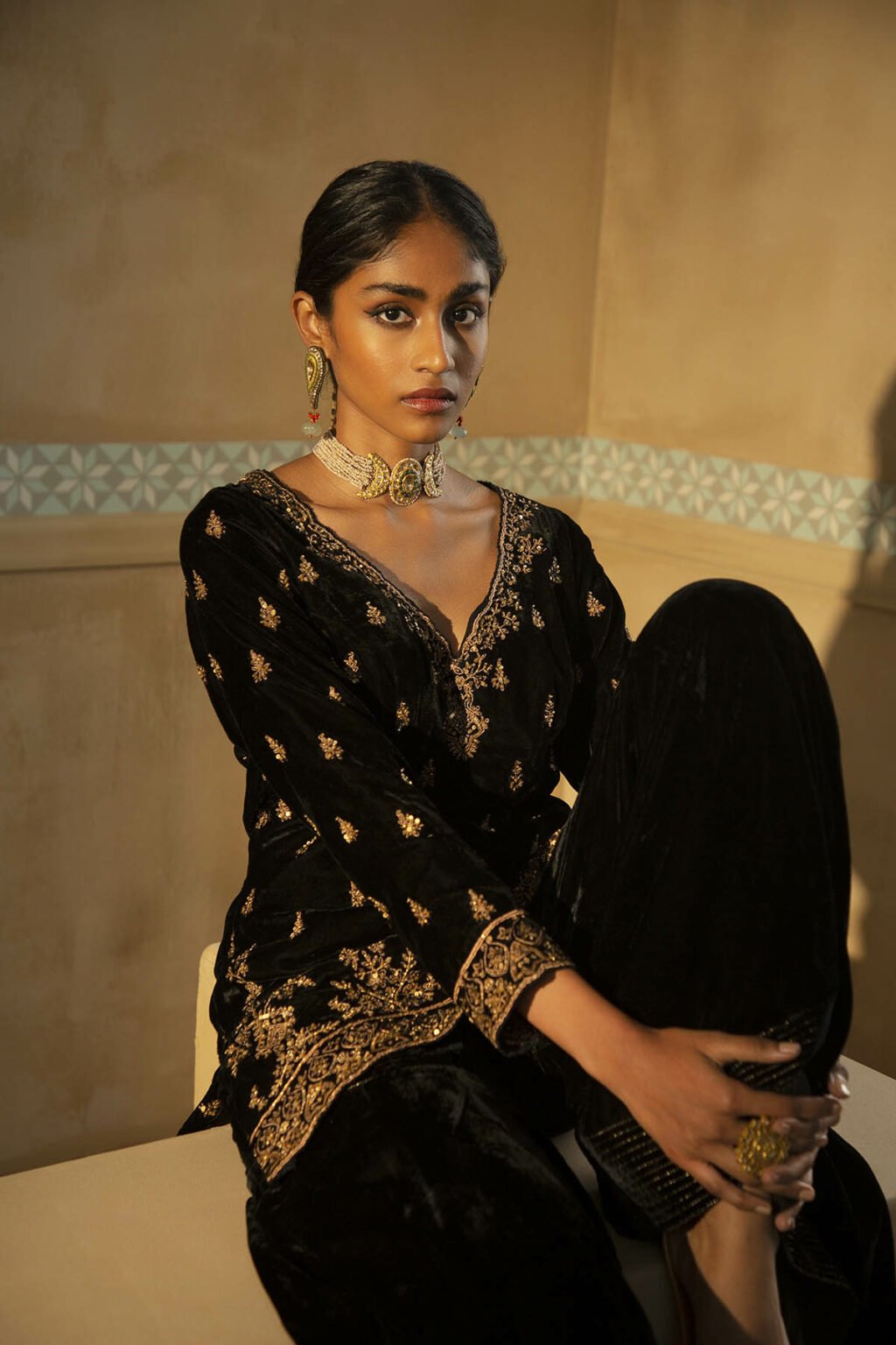 Black Silk Velvet Fitted Gharara Set - Sureena Chowdhri